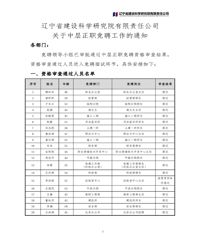 遼寧省建設(shè)科學(xué)研究院有限責(zé)任公司 關(guān)于中層正職競聘工作的通知(圖1)